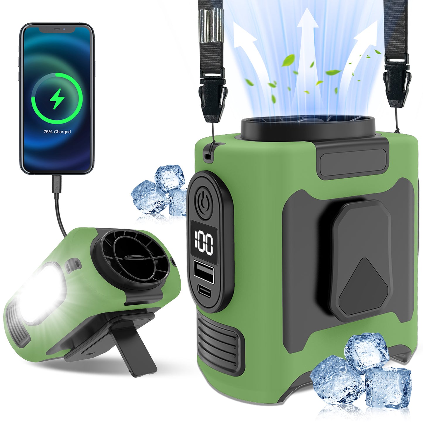 Portable Waist Fan, Clamp On Wearable Belt Personal Fan, Rechargeable Battery Powered, With 5 Speed Levels And Flashlight, Suitable For Outdoor Camping And Travel Army Green