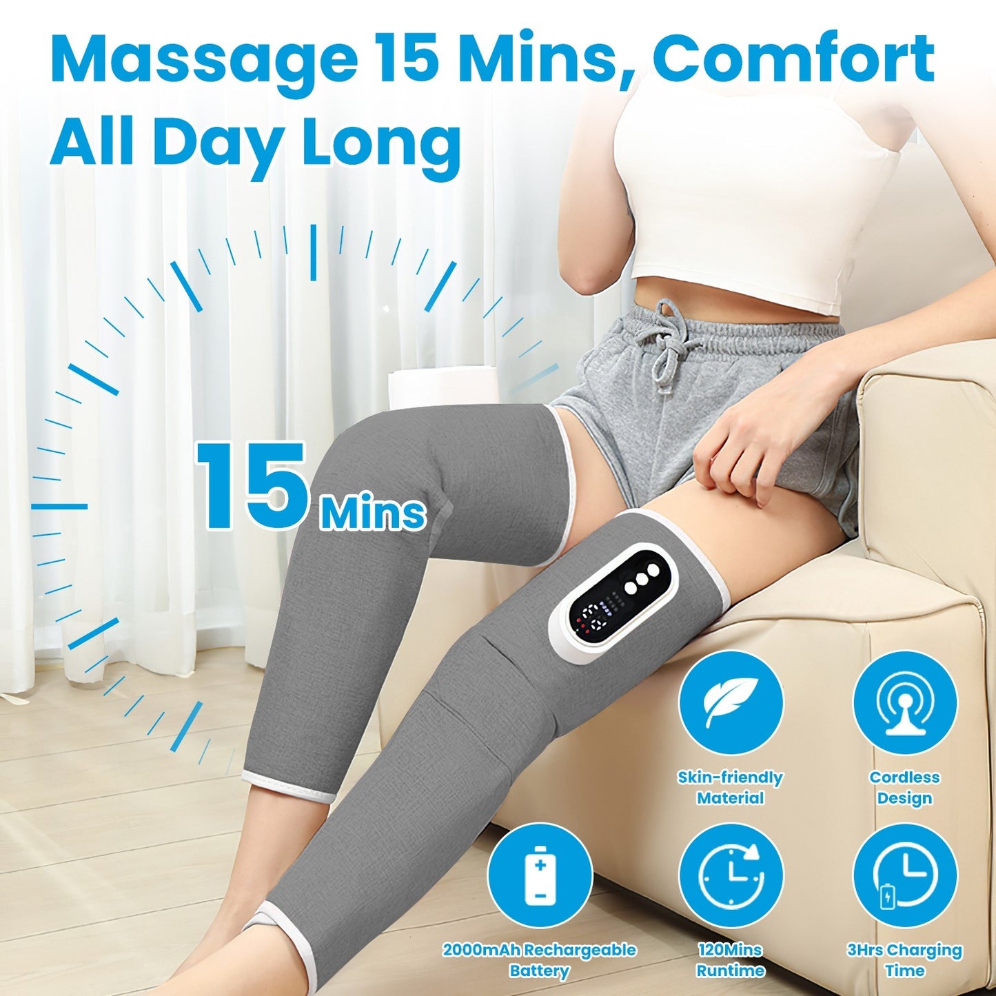 Cordless Leg Massager Air Compression Massager With Heat Thigh Knee Calf Massager With 3 Modes Adjustable Wrap For Pain Relief