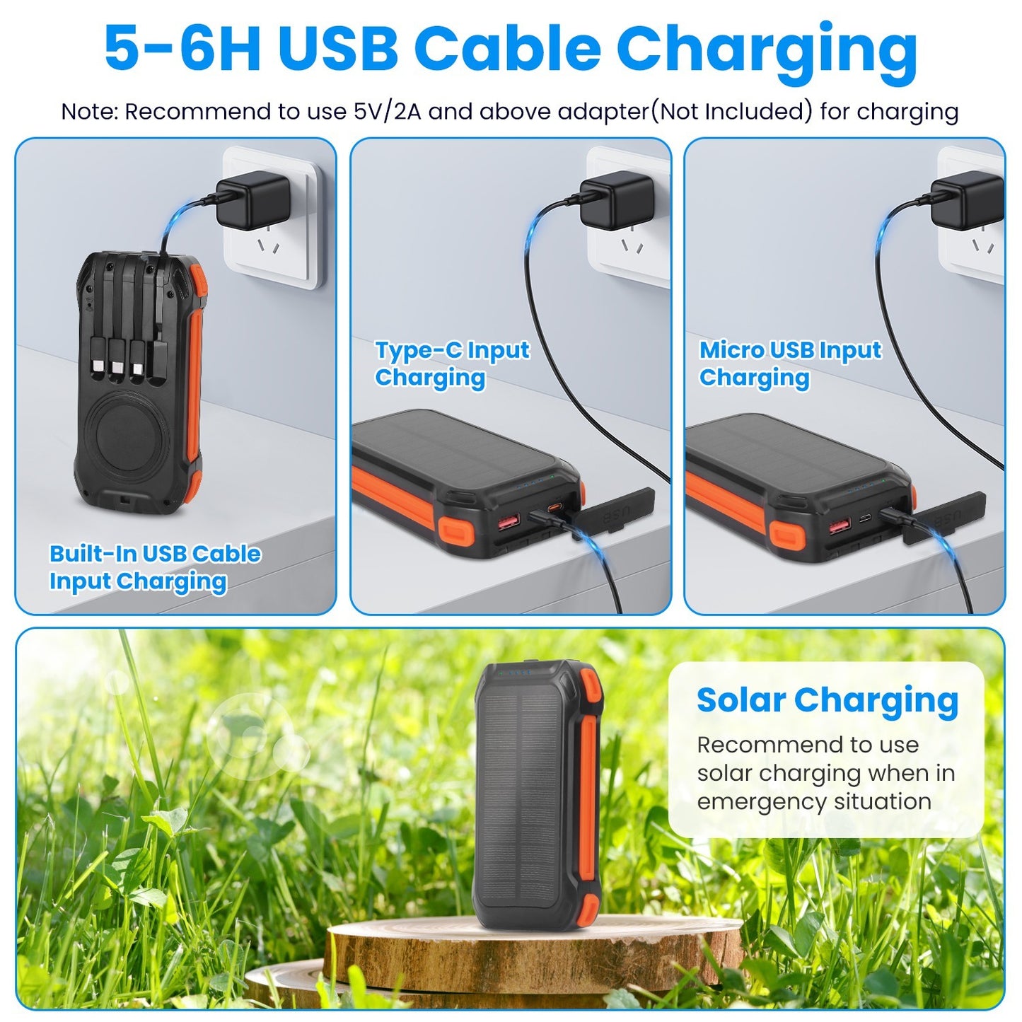 Portable Solar Charger 49800mAh Power Bank External Battery Pack 22.5W PD Fast Charging Built In 4 Cables 15W Wireless Charging LED Flashlight For Camping Hiking Picnic Travel