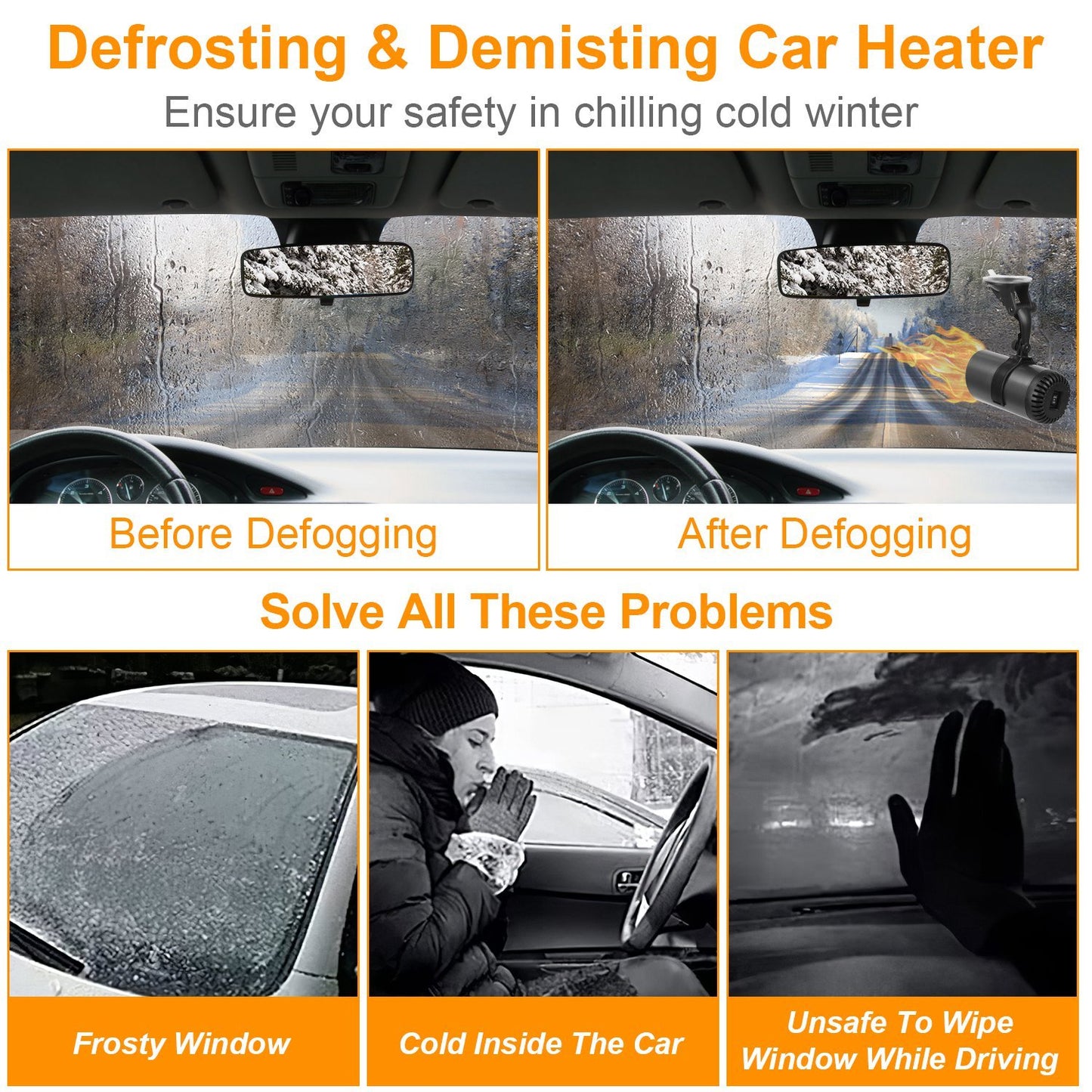 Portable Car Heater 2 In 1 Heating Cooling Fan Rotatable Demister Defroster With 4.92ft Cord