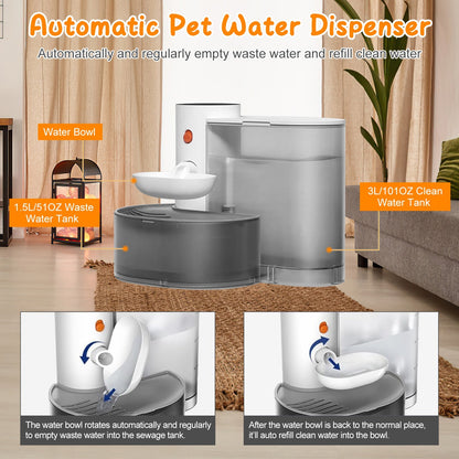 Smart Pet Water Fountain Automatic Cat Water Dispenser 3L Cordless Rechargeable Dog Water Fountain Self-Refill With 3 Adjustable Volume 3 Time Intervals Touch Control