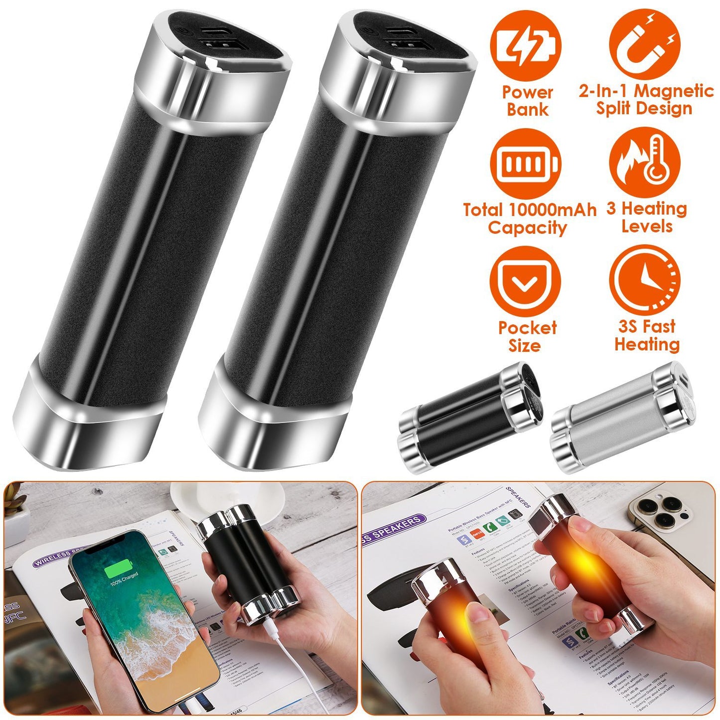 2 Packs Split-Magnetic Handwarmers 2 In 1 Portable Electric Pocket Heater Power Bank Portable Charger With 3 Heating Levels For Camping Hunting Fishing Skiing