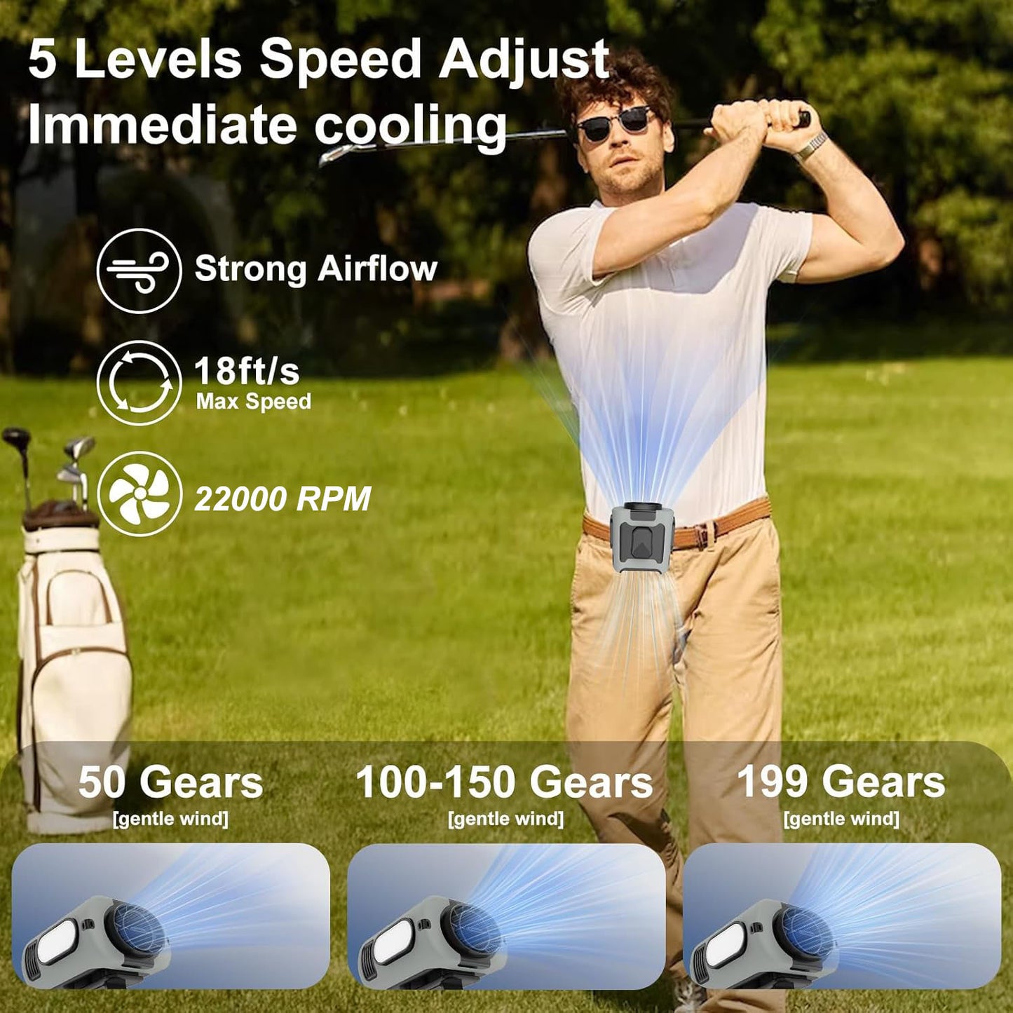 Portable Waist Fan, Clip On Wearable Belt Personal Fan, Rechargeable Battery Powered, With 5 Speed Levels And A Flashlight, Suitable For Outdoor Camping And Traveling Gray