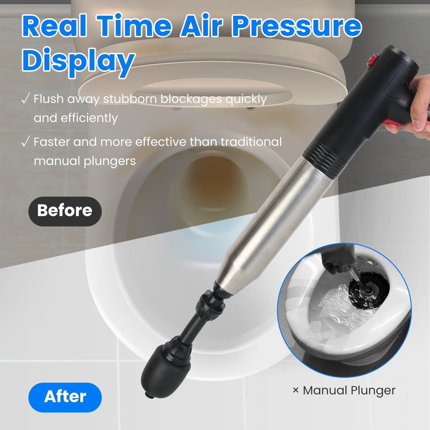Electric Toilet Plunger High Pressure Air Plunger Air Drain Blaster Drain Clog Remover With Real Time Pressure Display For Toilets Bathroom Floor Drain Kitchen Sinks Plumbing Clogs