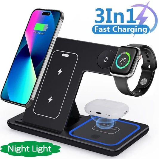 LED Fast Wireless Charger Stand Foldable Charging Station For Smart Phone 15 14 13 12 11 IWatch 9 8 7 6 5 Airpods Pro