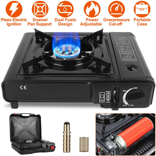Portable Camping Stove Butane Canister Dual Fuel Burner Piezo Electric Ignition Single Burner With Automatic Tank Ejection Overpressure Cut Off Carry Case For Camping Hiking Picnic Fishing B