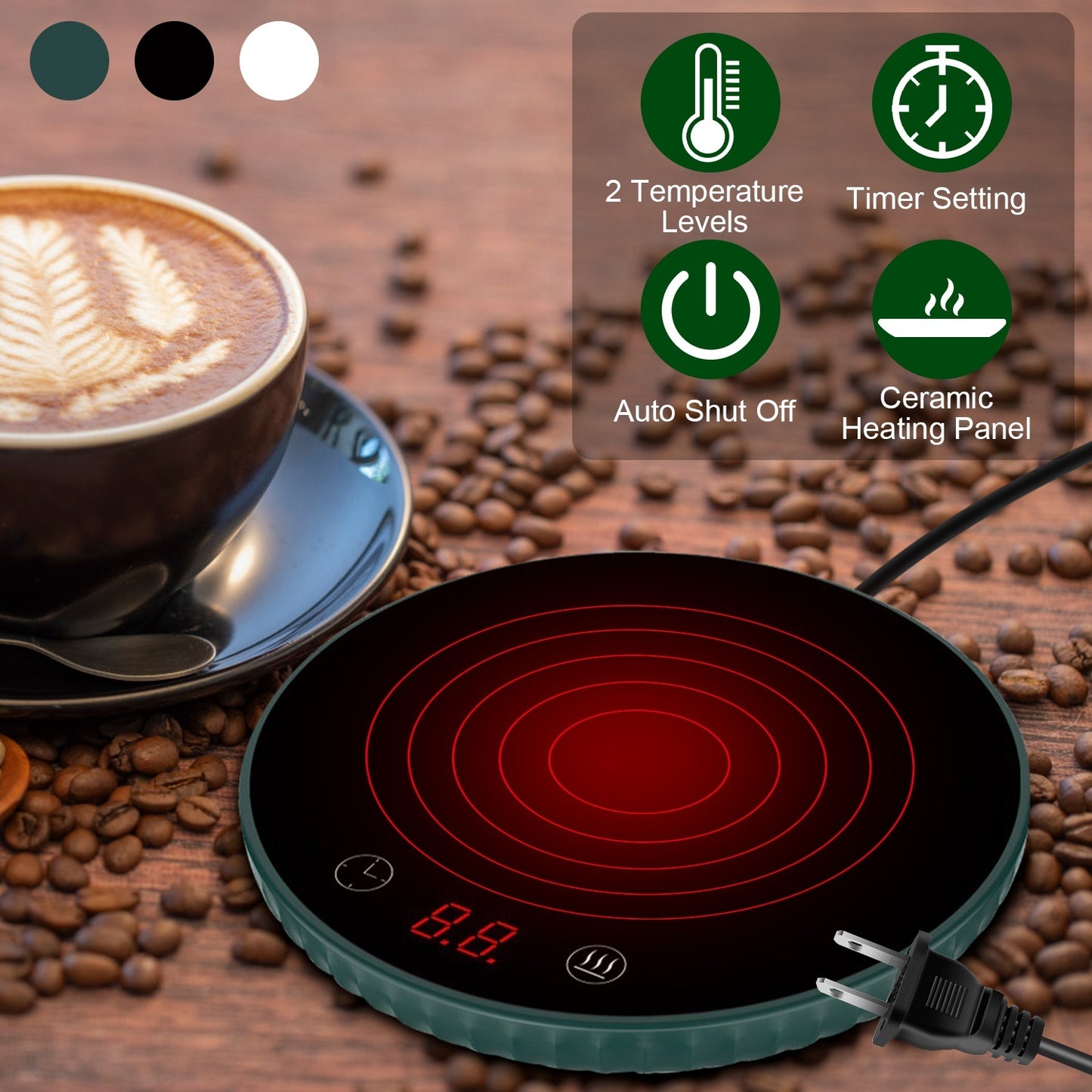 Desktop Electric Cup Warmer 8Hours Auto Off Overheating Protection Smart Timer Setting 2 Temperature Levels Ceramic Heating Panel For Office Home