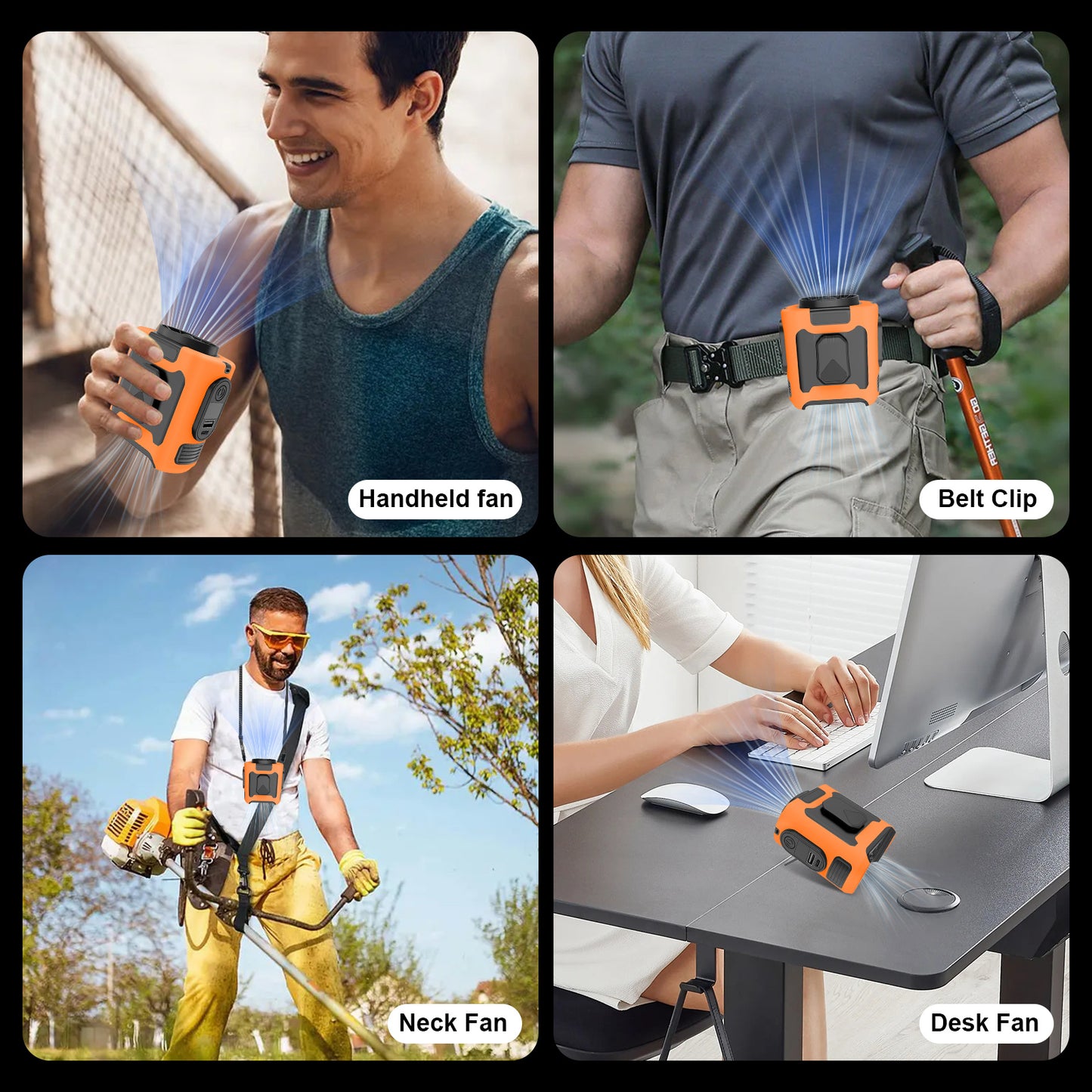 Clip On Wearable Belt Personal Fan, Rechargeable Battery Powered, With 5 Speed Levels And A Flashlight, Suitable For Outdoor Camping And Traveling Orange