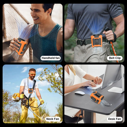 Clip On Wearable Belt Personal Fan, Rechargeable Battery Powered, With 5 Speed Levels And A Flashlight, Suitable For Outdoor Camping And Traveling Orange
