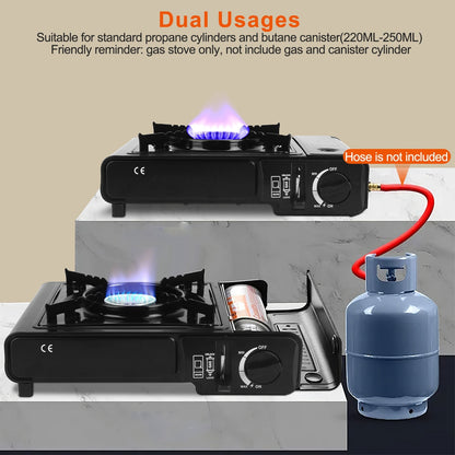 Portable Camping Stove Butane Canister Dual Fuel Burner Piezo Electric Ignition Single Burner With Automatic Tank Ejection Overpressure Cut Off Carry Case For Camping Hiking Picnic Fishing B