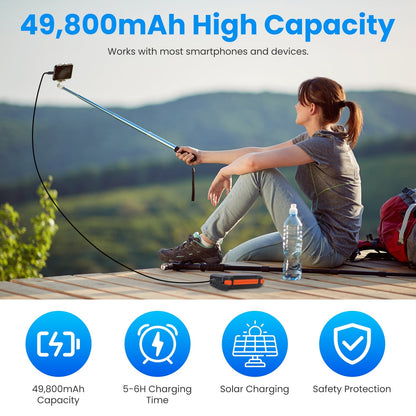 Portable Solar Charger 49800mAh Power Bank External Battery Pack 22.5W PD Fast Charging Built In 4 Cables 15W Wireless Charging LED Flashlight For Camping Hiking Picnic Travel