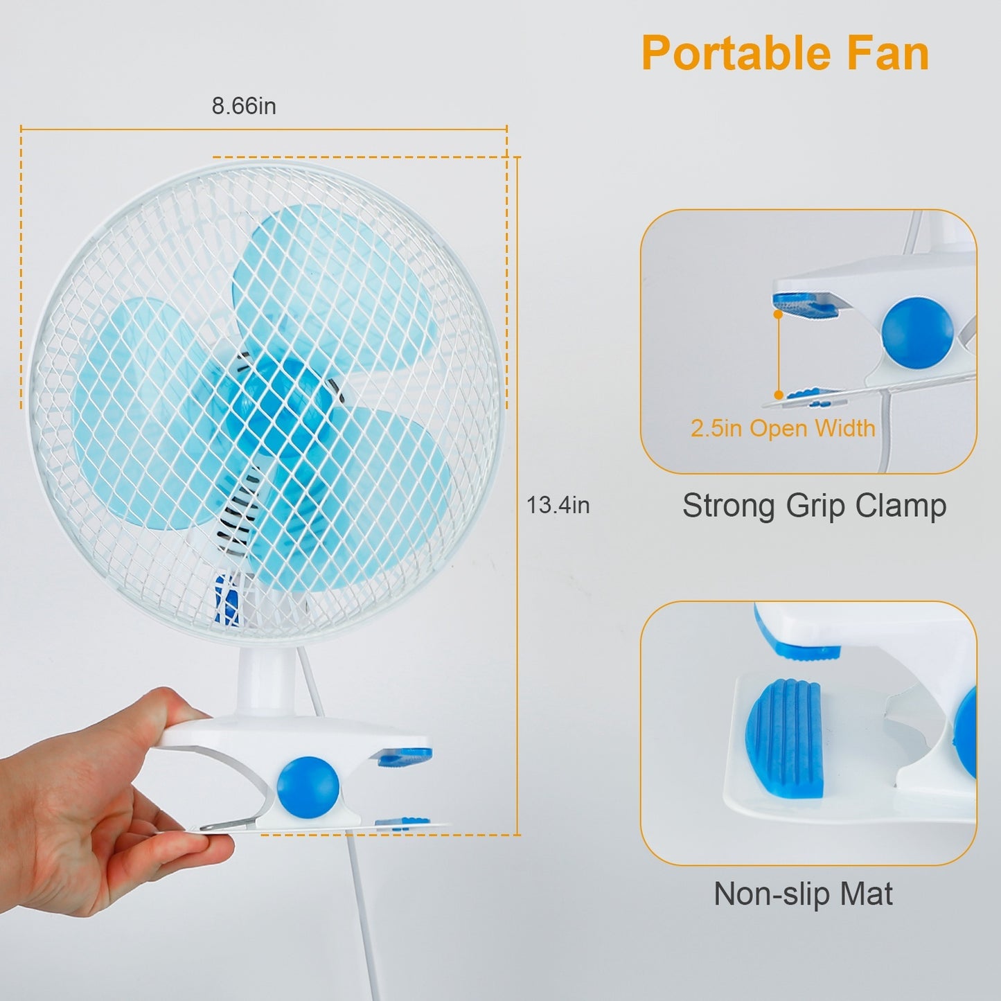Clip On Fan 2 Speeds Quiet Clamp Fan Adjustable Tilt Auto Shaking Fan Wall Mount Personal Fan For Desk Office Home Baby Strollers Table Tops With 3.94FT Cord