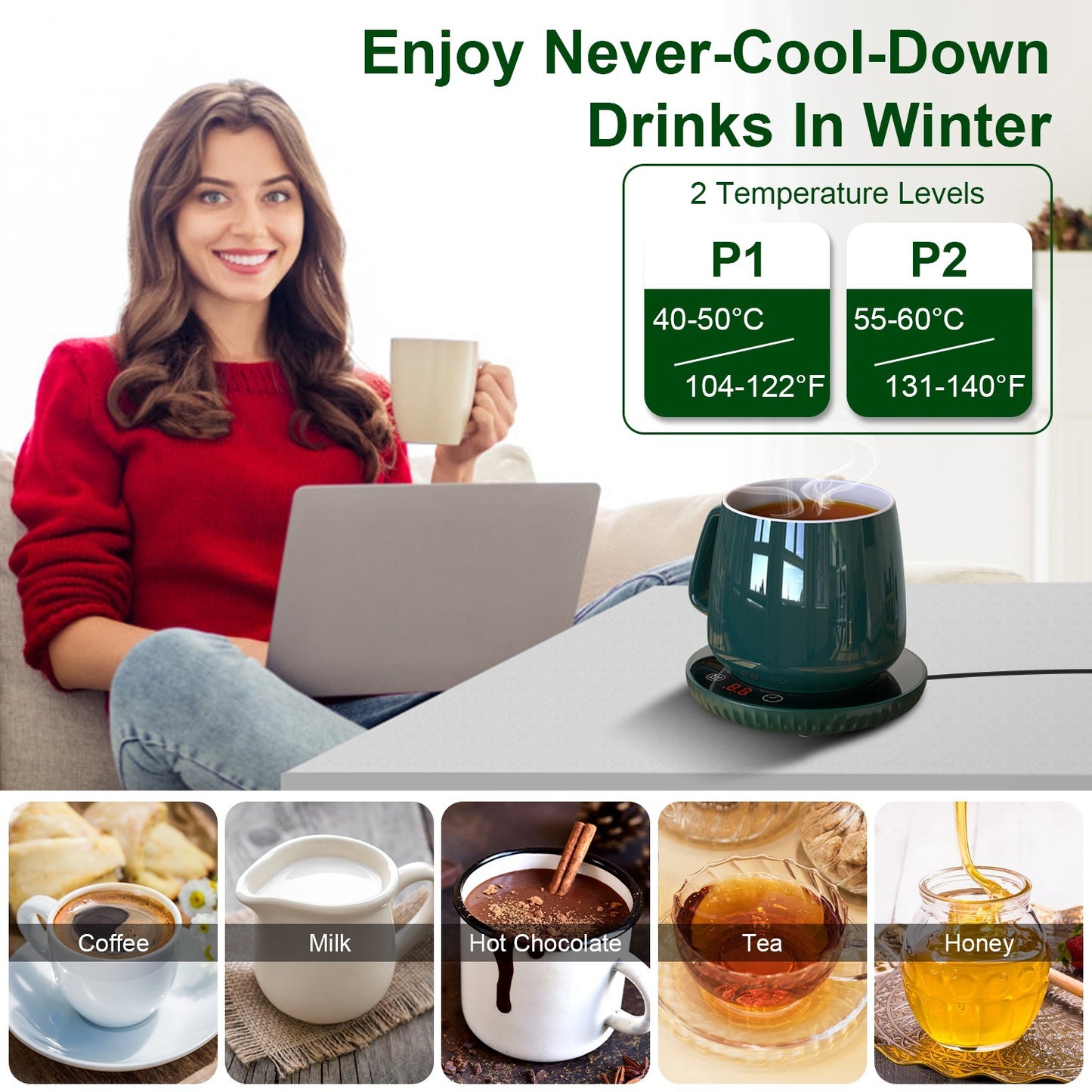 Desktop Electric Cup Warmer 8Hours Auto Off Overheating Protection Smart Timer Setting 2 Temperature Levels Ceramic Heating Panel For Office Home
