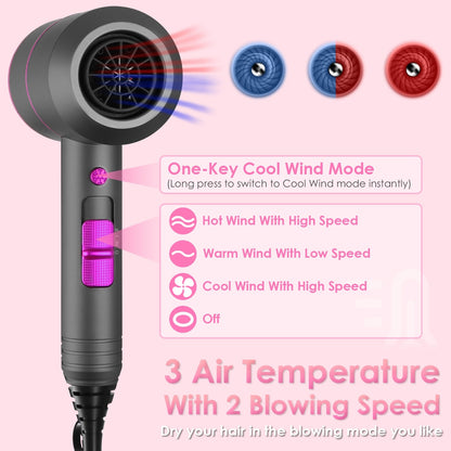 Hair Dryer Portable Compact Hair Blow Dryer With Cool Warm Hot Wind With Diffuser Concentrator Comb Nozzle ALCI Plug Overheat Protection For Women Man Straight Curly Hair